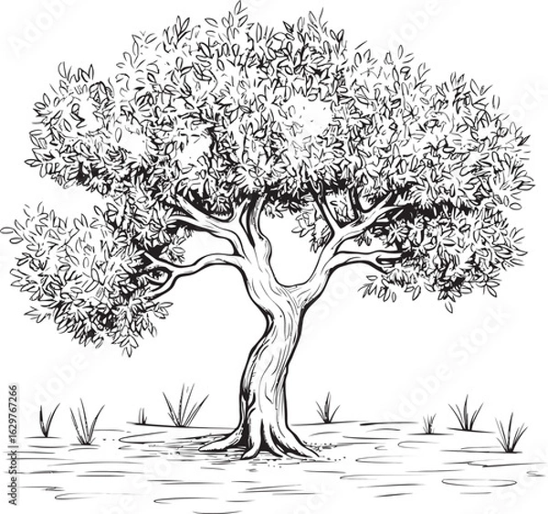 Fototapeta Olive Tree Black Line Vector Logo Design Olive Tree Vector Black Icon with Roots