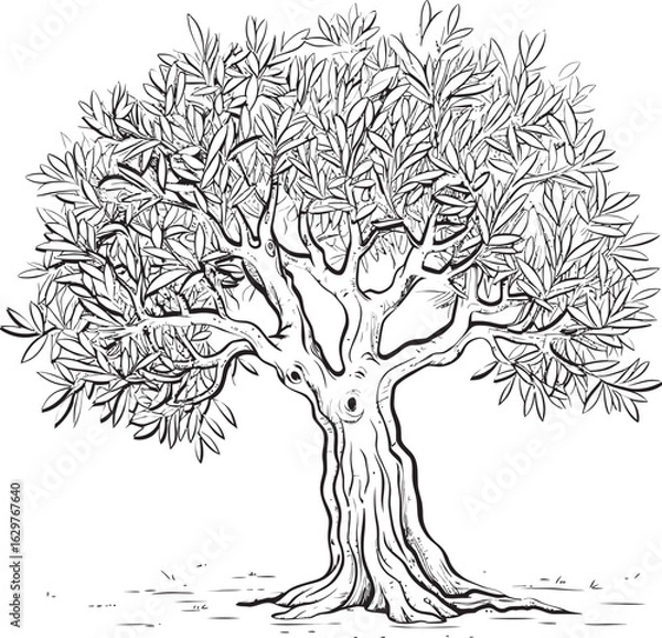 Fototapeta Olive Tree Black Line Art Vector Logo Olive Tree Black Vector Icon with Leaves Detail