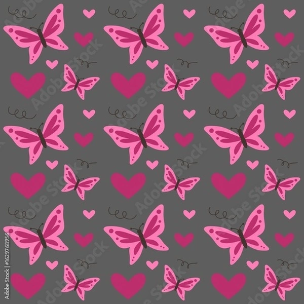 Fototapeta Seamless Butterfly and Heart Pattern on Grey Background