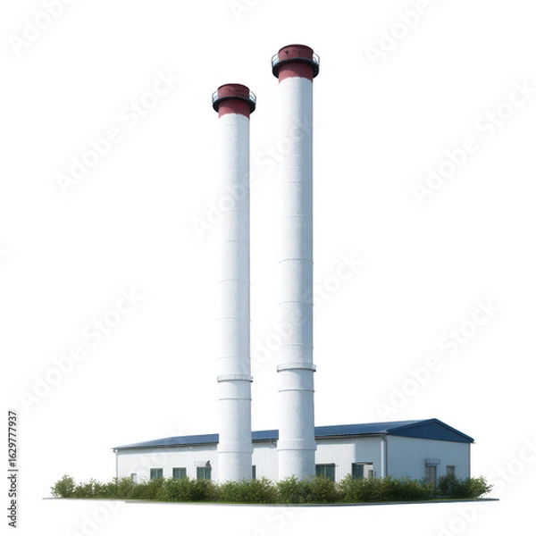 Fototapeta Industrial power plant with two tall smokestacks against a white isolated background, representing energy production and infrastructure development.
