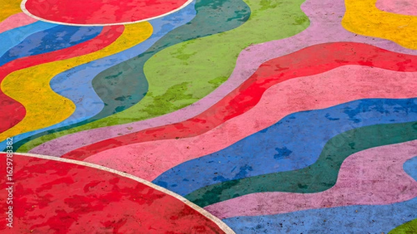 Obraz Abstract aerial view of a colorful painted surface with wavy lines and circular shapes in vibrant hues.