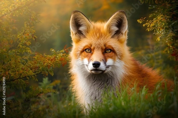 Fototapeta Cute Red Fox, Vulpes vulpes, fall forest. Beautiful animal in the nature habitat.