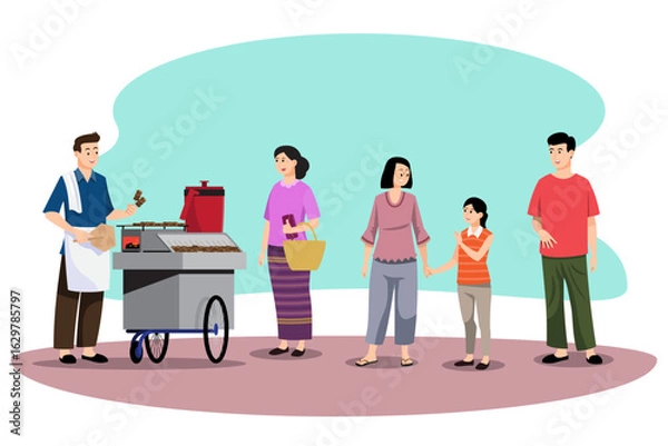 Obraz People waiting to buy street food character set in modern style vector illustration