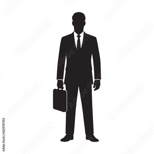 Fototapeta Professional businessman in a sharp suit and tie holding a briefcase standing confidently as a stark black silhouette against a clean white background representing success and corporate power silhouet