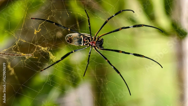 Obraz A close-up view of a large spider resting on its intricate web, showcasing its body and legs.