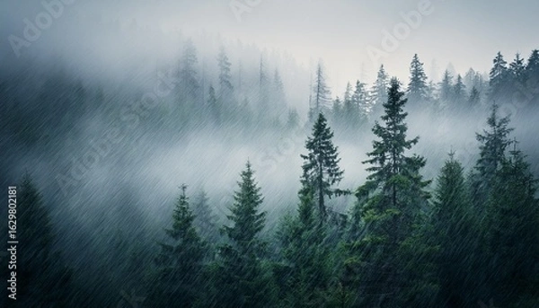 Fototapeta moody forest landscape with fog and mist