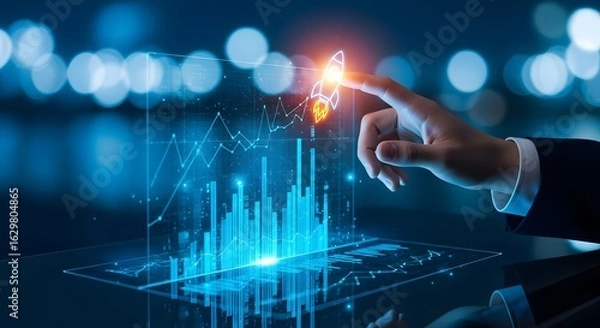 Fototapeta Dynamic stock market analysis with rocket launch showing investment growth potential and futuristic financial insights for innovation and technology firms