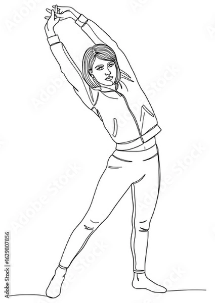 Fototapeta Woman doing a side bend stretch, a gentle movement for a full-body warm-up.
