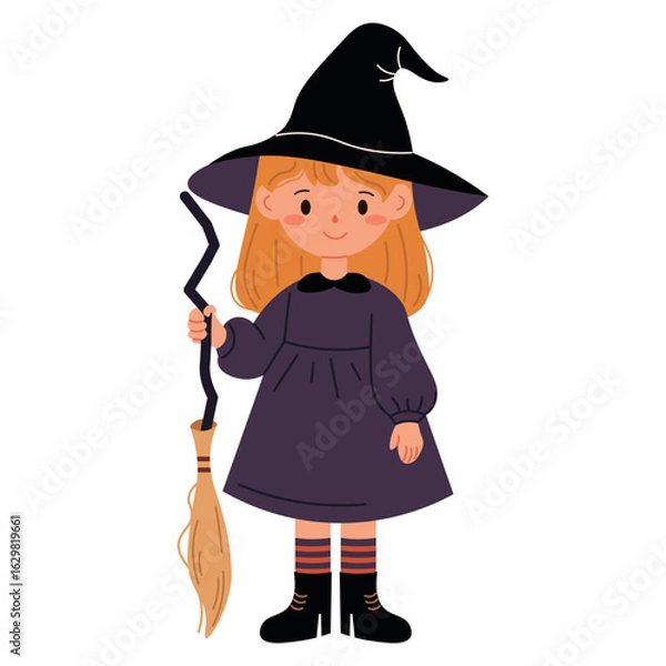 Fototapeta Charming flat style illustration of a young witch standing with a broomstick, ideal for Halloween decorations, children s books, and magical themed projects.
