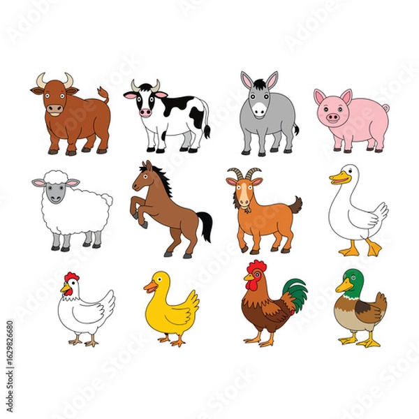 Fototapeta Collection of farm animals in cartoon style vector.eps