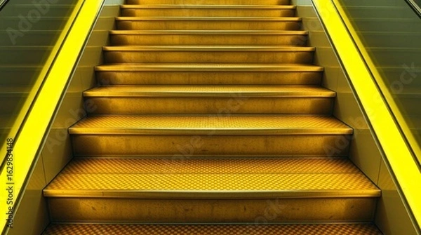 Fototapeta Ascend to new heights with this vibrant yellow escalator, guiding you upward with modern style and bright illumination.