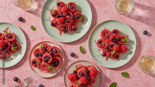 Obraz Fruity Red Crepes on Pink Tiles in a Bright Spring Dessert Flat Lay