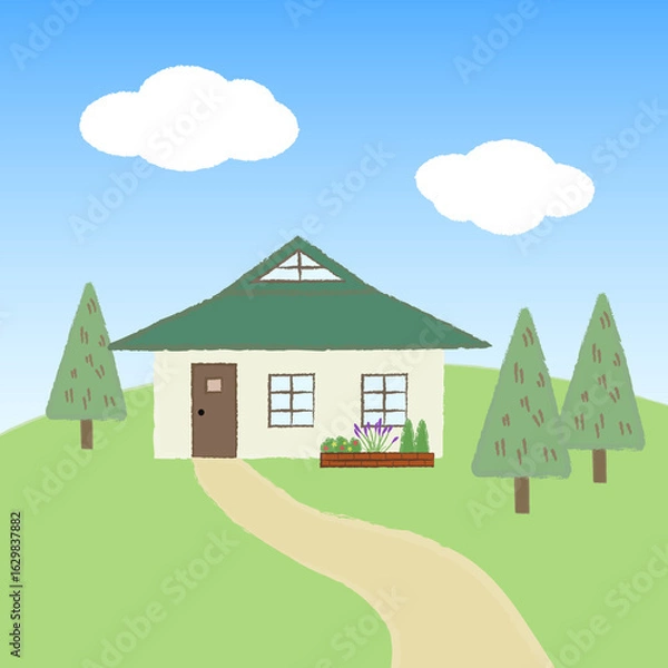 Obraz 広い庭のある田舎の平屋のイラスト、地方移住、リモートワーク、こじんまりとした平屋暮らし