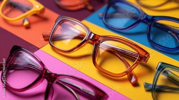 Obraz Assorted colorful eyewear frames, angled against a multi-colored striped background, close-up perspective