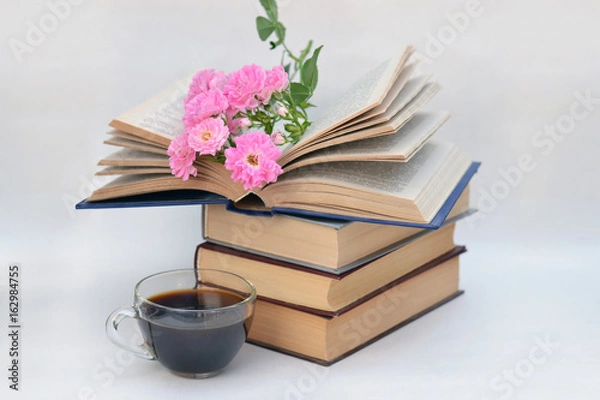 Fototapeta Beautiful pink flowers are in the open book on a stack of books.