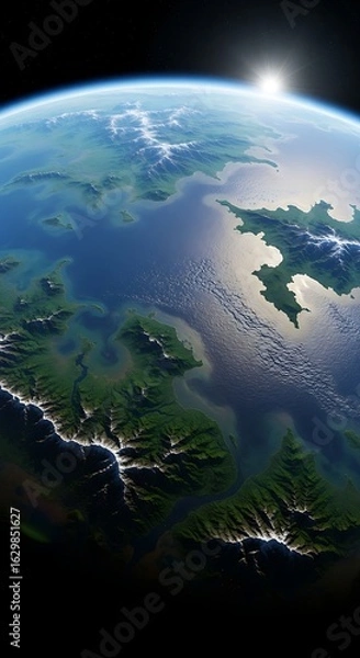 Fototapeta Breathtaking orbital view of a verdant planet with sunrise over the ocean's horizon.