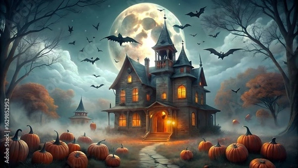 Fototapeta A spooky haunted house on halloween night under a full moon with bats flying and glowing pumpkins in the foreground
