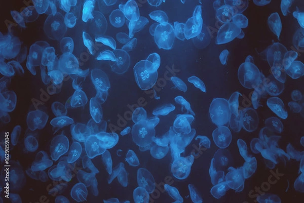 Obraz Glowing jellyfish drifting gracefully in deep blue waters create a mesmerizing underwater spectacle