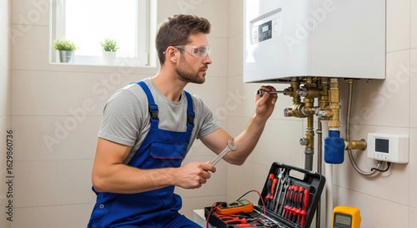 Fototapeta Gas fitter adjusting a valve on a water heater for maintenance work. Gas fitter fixing pipes and connections on domestic boiler unit with a wrench.