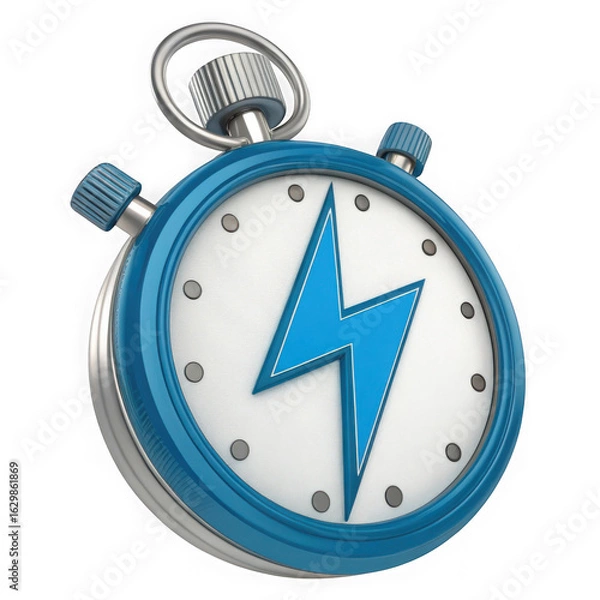 Obraz 3d illustration of a blue and silver stopwatch with a lightning bolt on its face represents speed and time management isolated on transparent background