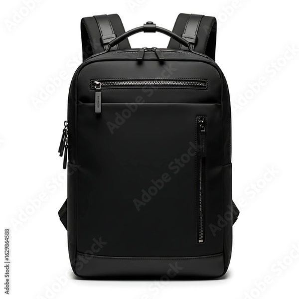 Fototapeta A black backpack is displayed against a white background, featuring multiple zippered compartments.