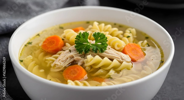 Fototapeta Steaming Hot Chicken Noodle Soup with Fresh Parsley and Carrot Slices