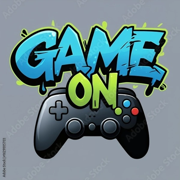 Fototapeta Stylized "Game On!" text with a video game controller.