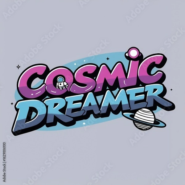 Fototapeta A stylized graphic design featuring the words "Cosmic Dreamer" with space-themed illustrations and vibrant colors.