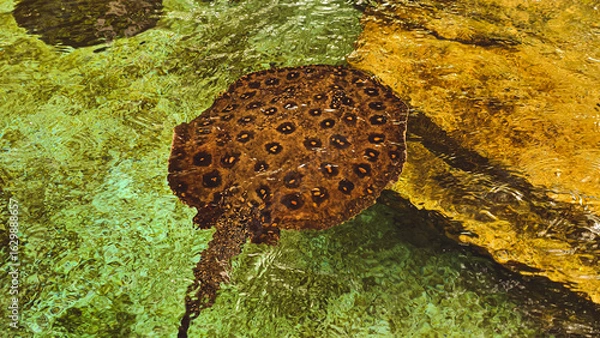 Obraz Spotted stingray gliding through the crystal clear shallows of tropical waters