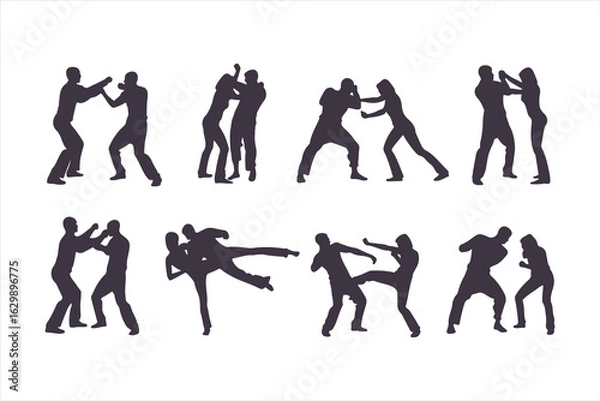 Fototapeta Set of man and woman fighting silhouettes. Martial arts and self-defense combat icons for a training manual, poster, or security concept.