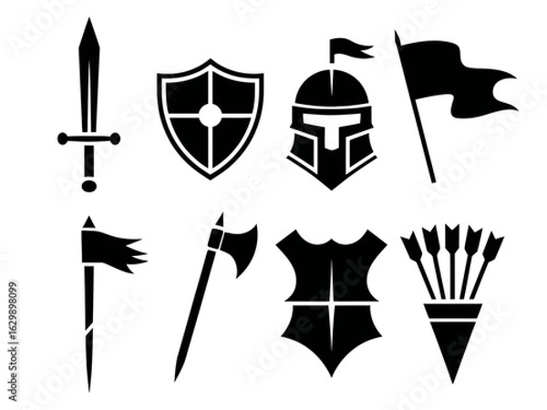 Fototapeta Collection of medieval warrior equipment silhouettes isolated on white background