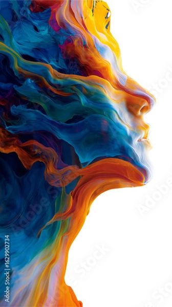 Fototapeta A striking conceptual portrait of a thinker's head in profile, from which a vibrant and dynamic flow of colorful liquid and light streams, symbolizing the boundless powerไซน์ที่ยังไม่ได้ตั้งชื่อ - 1