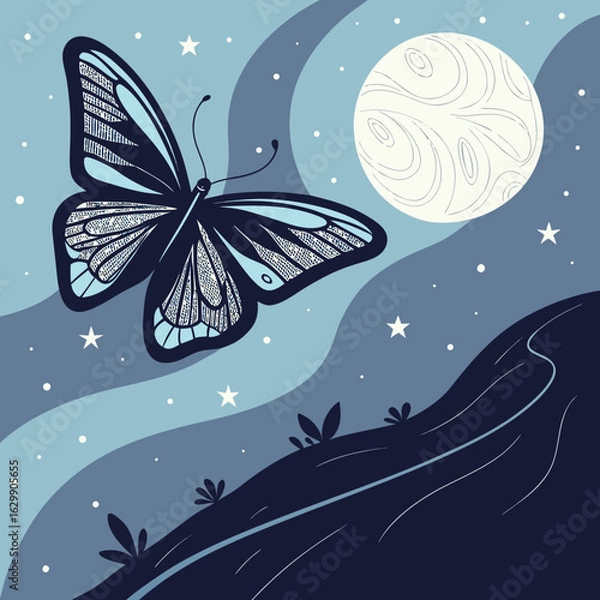 Fototapeta Vector Cosmos Background with Butterfly Silhouette

