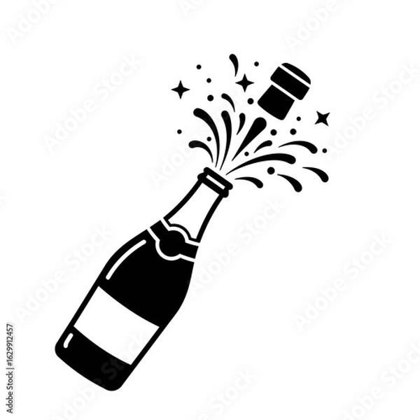 Fototapeta Champagne bottle popping with cork and splash design silhouette