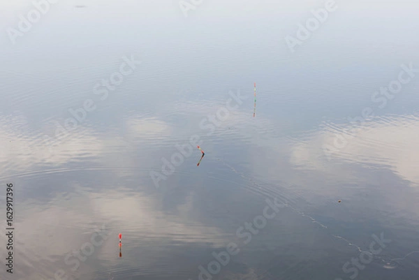 Fototapeta floats on the surface of the reservoir and the reflection of the sky on the surface of the water