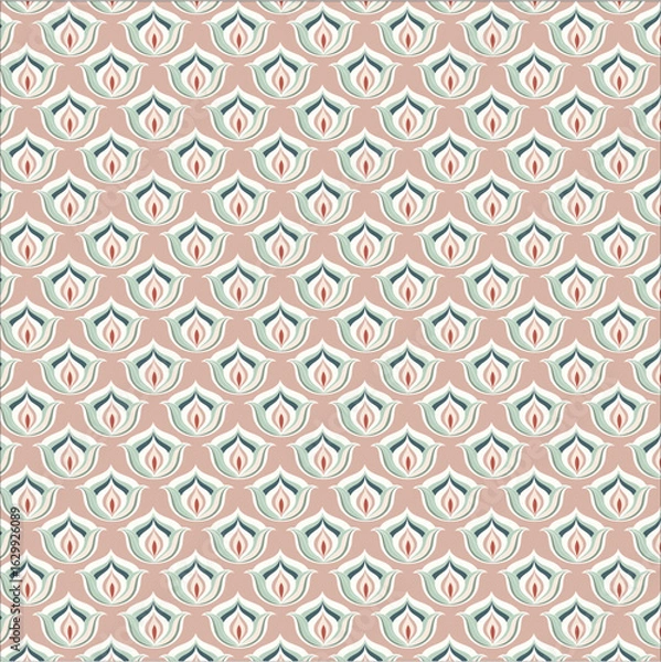 Fototapeta Seamless repeating pattern featuring stylized, symmetrical damask motifs resembling layered petals in shades of white,red,pink and olive