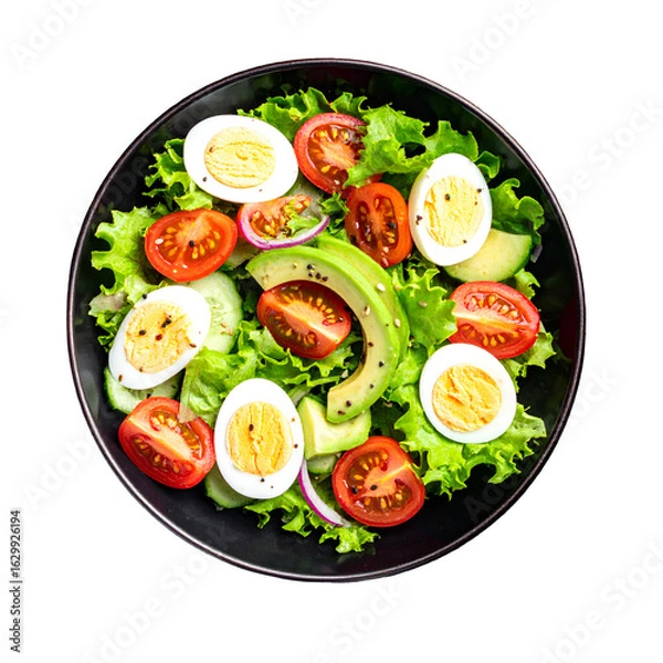 Fototapeta Healthy Keto Salad with Avocado and Egg in a Black Bowl - Top View isolated on white background 