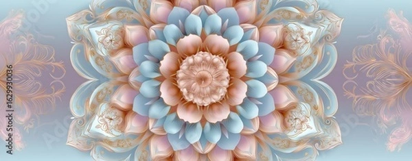 Fototapeta An elegant, wide-format mandala pattern featuring intricate, concentric floral designs in soft pastel tones of pink, blue, and gold, perfect for a peaceful and decorative background.