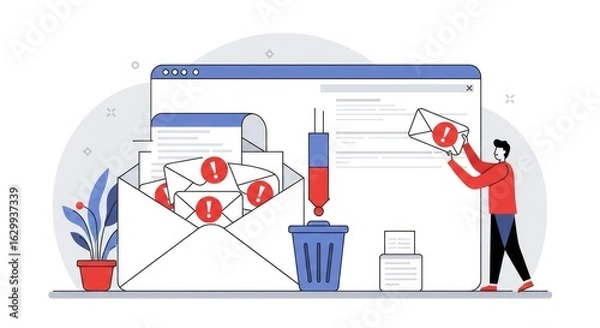 Obraz Digital email management with issues in a flat design style illustrating issues with unwanted or faulty emails and email management procedures