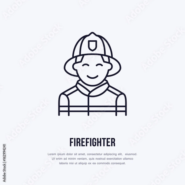 Fototapeta Firefighter flat line sign. Flame protection thin linear icon, pictogram. Smiling fire fighter vector isolated on white background.
