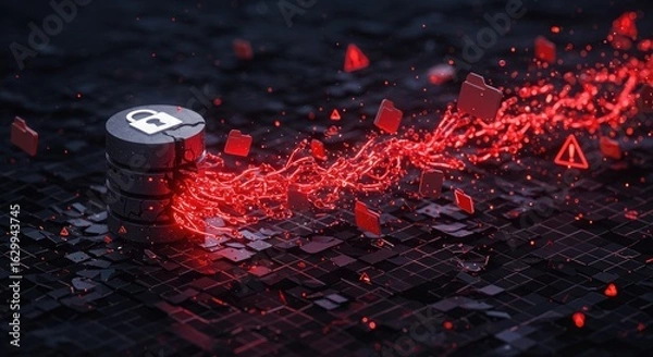 Obraz Digital illustration of a compromised database security system with red glowing lines and warning icons