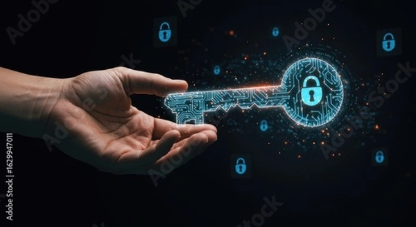Obraz Digital key in hand illustrates cybersecurity and access control secure technology digital graphic futuristic key illustration modern key access