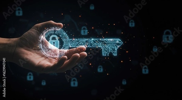 Obraz Digital key in hand futuristic technology illustration abstract security concept circuit board style key glowing blue light dark background