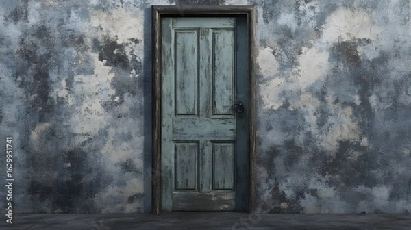 Fototapeta Photograph of a weathered, teal door set against a textured, gray wall.