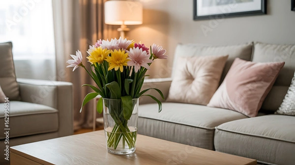 Fototapeta A bouquet of colorful flowers on a coffee table in a living room.
