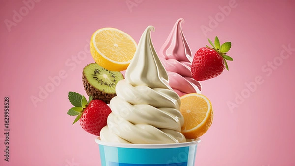 Fototapeta Frozen yogurt sundae with fruit toppings.
