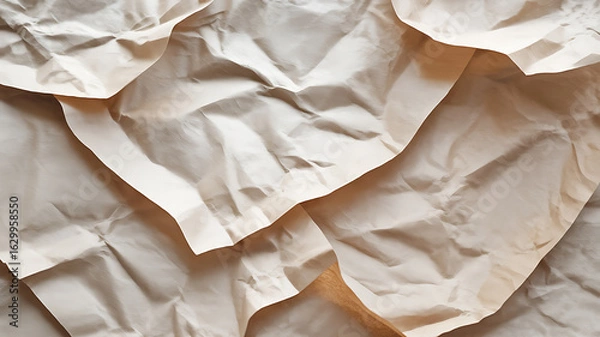 Fototapeta Crinkled beige paper, texture and folds.
