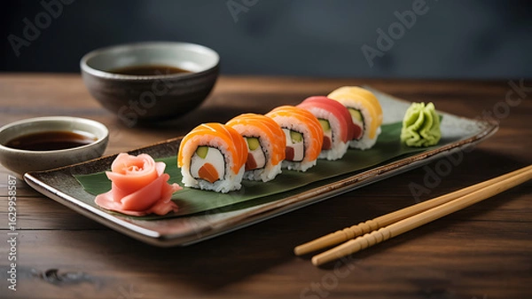 Fototapeta Colorful sushi rolls on a plate, served with soy sauce.
