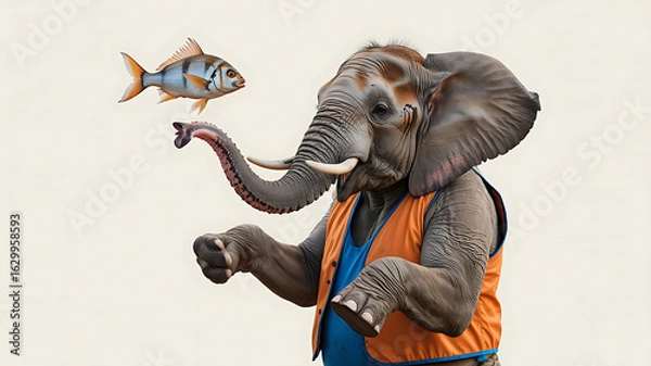 Fototapeta Elephant in vest, fish in the air, comical scene.
