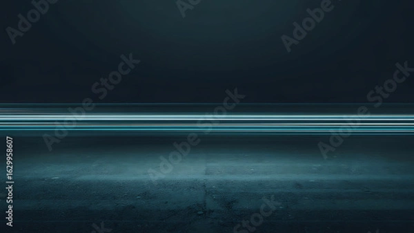 Fototapeta Dark, teal-lit space, smooth horizontal line.
